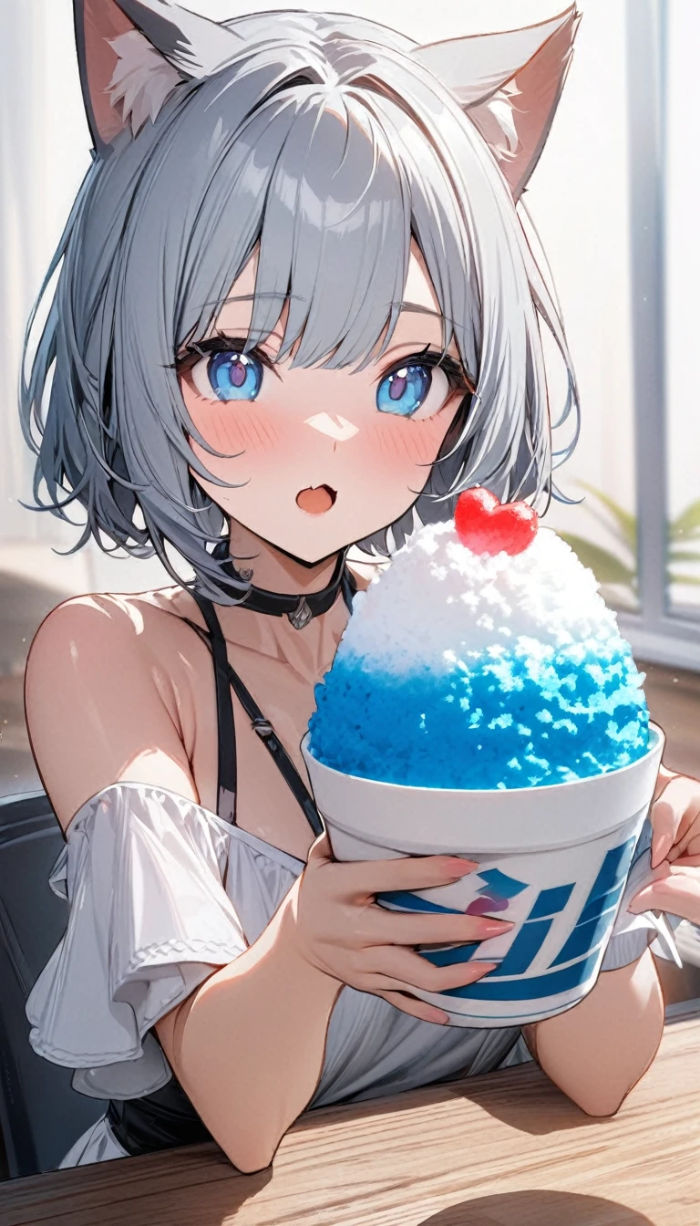 1girl、chibi、(((best quality)), ((masterpiece)), (details), masterpiece, best quality, high quality, ulutra detailed, perfect face, ((1girl, Blue eyes, cat ears: 1.3 silver bob hair: 2.5,)) 、Eat a shaved ice bigger than yourself、Sparkling effect、Heart effect