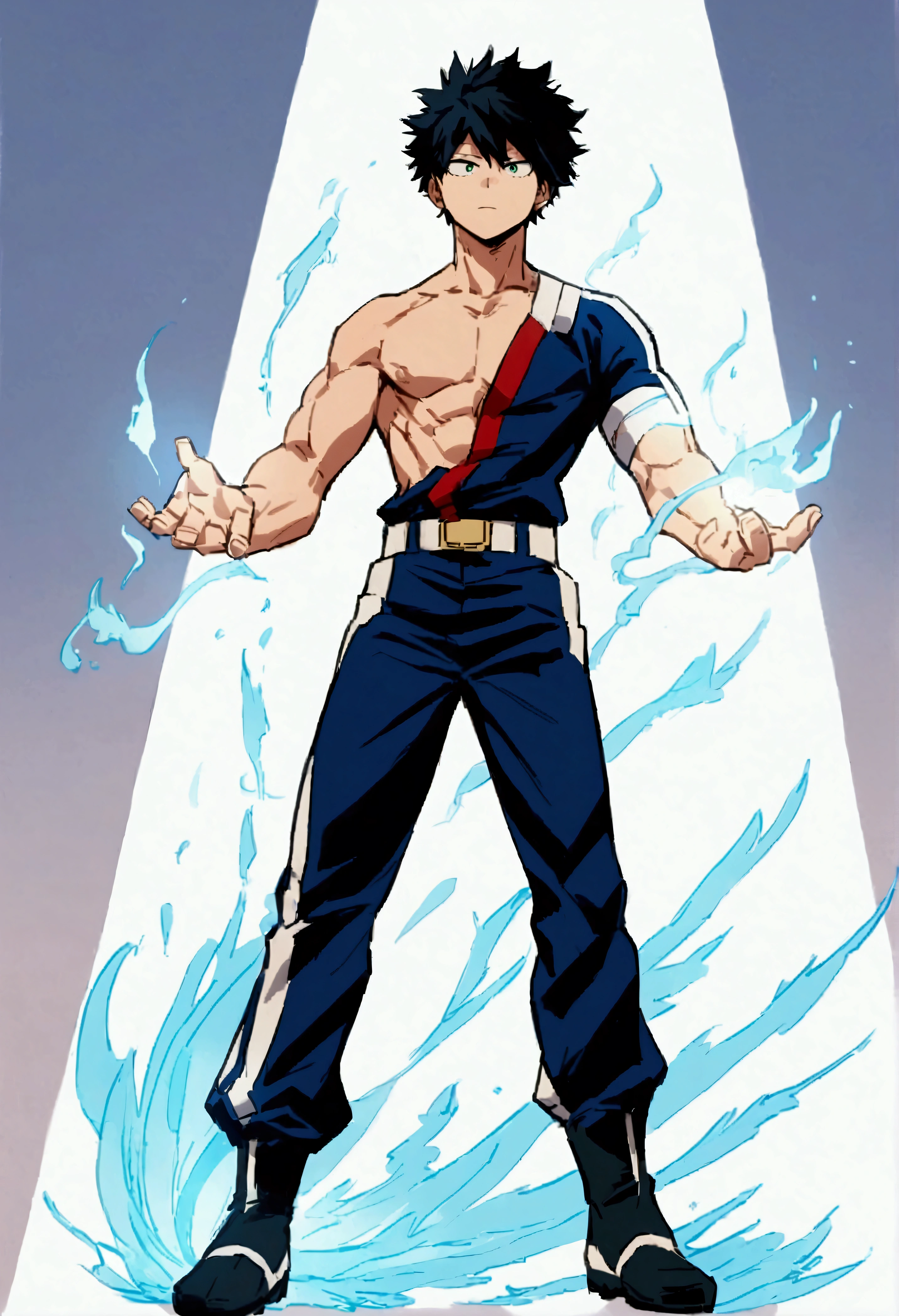  He is a 17 year old teenager, He has slightly disheveled very black hair..., somewhat light green eyes, (front angle ) , (full body), muscular body , He is dressed in the anime uniform. "my hero academia", without the shirt, just with pants 