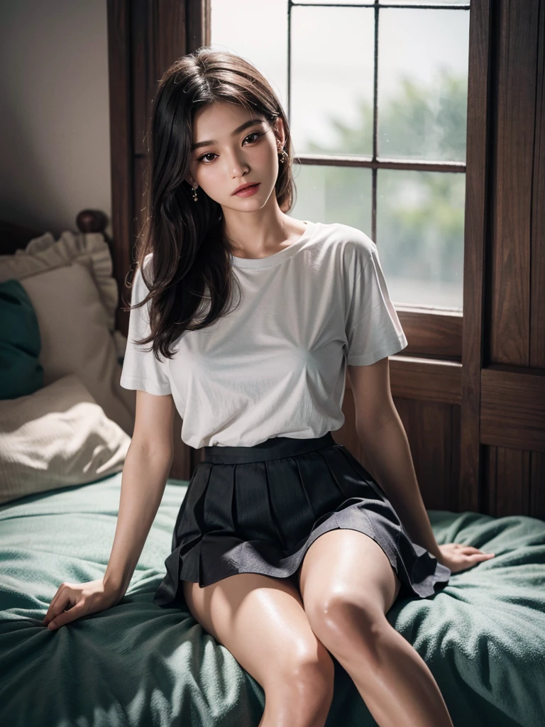 absurdres, RAW photo, extremely delicate and beautiful, masterpiece, Best Quality, ultra high resolution, 32k, hyperrealistic, ultra-detailed, perfect anatomy, super Detailed skin, perfect figure, Super Beauty, Perfect Style, Perfect balance, Beautiful Lighting, Perfect Lightning, Realistic Shadows, 20 years old, very Slim body, narrow waist, very small head, very small face, delicate facial features, handsome detailed woman, very detailed eyes and face, realistic face proportions, Realistic beautiful face, Realistic beautiful eyes, tearful mole, earring, very huge round breasts, legs, medium hair, asymmetrical hair, whole body shot, indoor, ((t-shirt, skirt)),