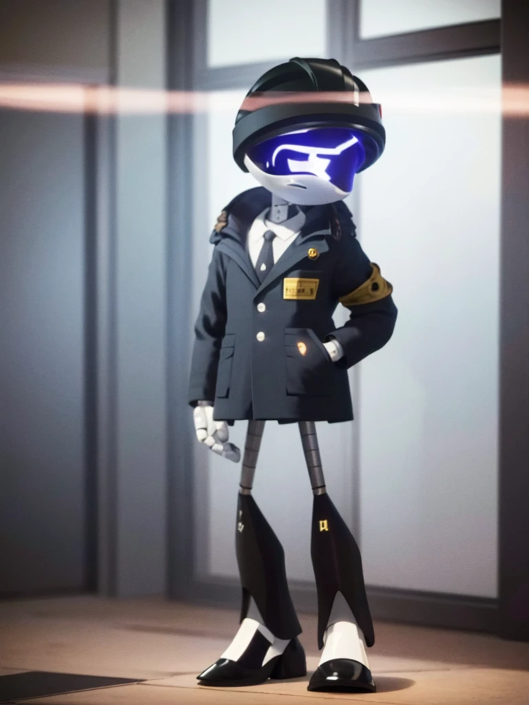 Male, Murder Drone, prototype infiltrator drone, wearing modified formal jacket and helmet, no hair, white eyes, eyes replaced by X symbols, standing at attention, hands in pockets, fully in frame, full body shot, facing viewer, lone figure, sole figure, alone, incognito, Murder Drones style