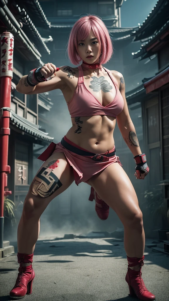 Beautiful Japanese female, (************), Mixed Martial Arts, (Casual clothes with belly button exposed:1.3), (MMA gloves), Fit, (Muscles:1.2), Athletic feminine body, Female fitness model body, Private MMA octagon background, Masterpiece, Perfect lighting, Ultra high resolution, 8K, She is an exceptional MMA fighter, Hard toned feminine body, (Short hair, bob cut, Pink hair color, Straight bangs:1.2), (Sexy smile for the camera:0.7), (Very sexy pose), (Holding a very large weapon in her hands, Wearing a very large weapon, Standing with a very large weapon, Raising a very large weapon:1.3), (Tattoos all over her body, Japanese tattoos on 80 percent of her body:1.5), Red lips, Red high heels, Choker, Necklace, Earrings, (Kung fu fighter in fighting position, Very detailed:1.4), Front view, Looking at the camera, Pensive expression, Tokyo landmark,