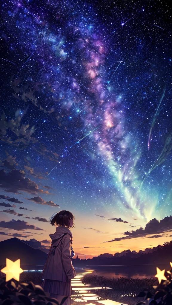 ((masterpiece))、((Highest quality))、((Realistic feel))、((landscape))、((A starry sky path leading to the starry sky:1.6))、Tilt Up、パステルトーンで染まったlandscape、Pitch Black、landscapeが揺れる、My mind wanderoonlight shines、Immersion、Cool blue shade、１By people、The sky is high、Aurora Color Spectrum、Scheimpflug、Dim and dim、High Contrast、Super beautiful graphics