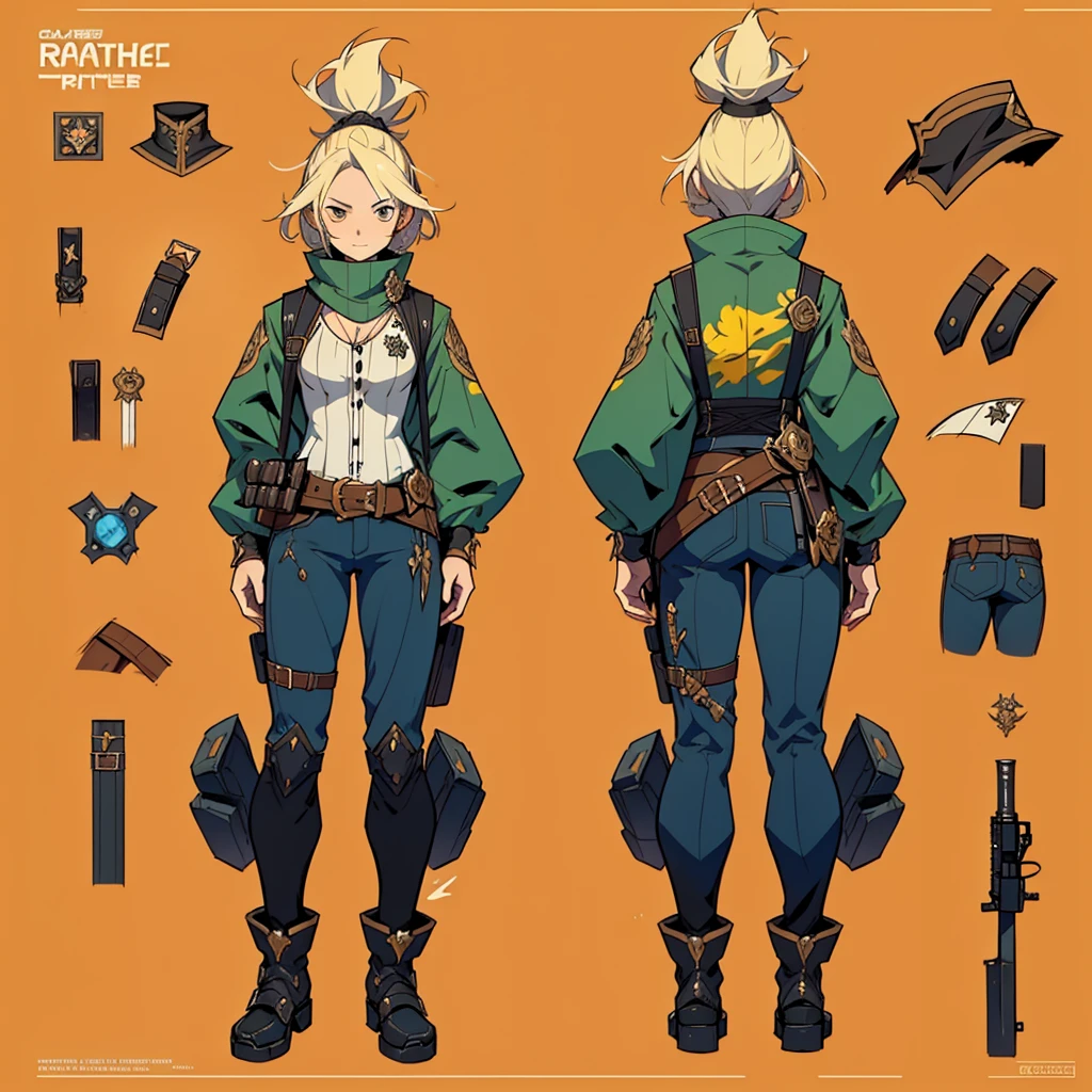 Close-up of a man dressed as a sword, ((character Concept Art)), ((Character design sheet, same characters, front, ~ side, return)) 、Black Butler, Video Game Character Design, Video Game Character Design, Maple Gun Girl Story, Man in grey suit, Yellow flare decoration on the girl's dress, High-detail art concept experts, The art of metal lead concept, Interesting character design, Lucio as a man, Gravity Rush inspiration, Viscous tar. Concept Art, Buckled belt at waist, Blue Hair、Deacon style、Blue Hair