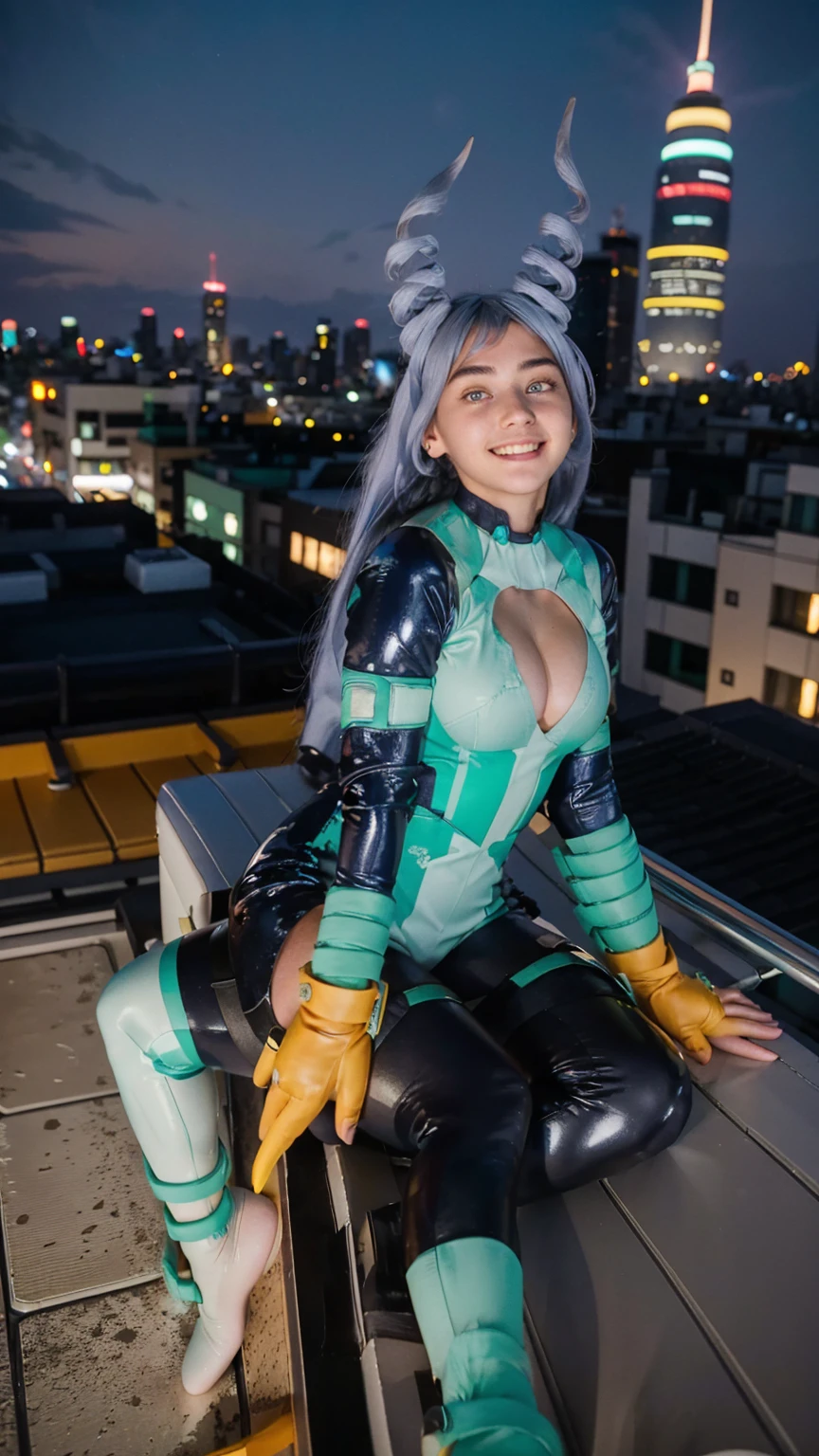 Masterpiece, Best quality, (photorealistic1.4), (UHD), (big breast), (show abs),  (flashphoto), (flash photography), (cleavage), (European model), (young woman), (JenniferConnelly90), (epiCRealLife:1.0), (night time), (Nejire latex bodysuit), 1girl, solo, long hair, blue eyes, (blue hair), (hair bangs), (drill hair, twin drills), (Nejire Hairstyle), hair horns, very long hair , light blue hair, (Nejire Yellow gloves), (look at viewers), (Nejire light smile), ), (tokyo cityscape), (sitting on rooftop), (from side)  ( (Tokyo rooftop),