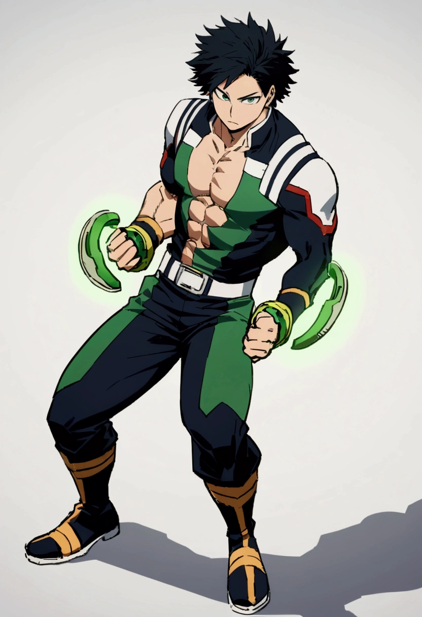 He is a 17 year old teenager, He has slightly disheveled very black hair..., somewhat light green eyes, (front angle ) , (full body), muscular body , He is dressed in the anime uniform. "my hero academia", Green power handle