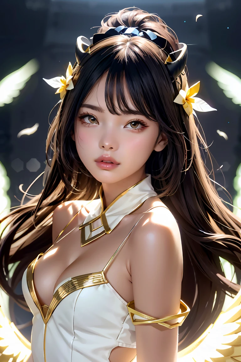 Masterpiece, Best quality, Ultra-detailed, illustration, epic lighting, Cinematic composition, isometry,(hexagons:1.2), 1girll, Horns, Solo, Yellow eyes, Black hair, Long hair, (Low wing:1.2), small cleavage, Bare shoulders, hair between eye, small breasts, (White dress:1.1), Golden decoration, Detached collar, view the viewer, Semi-closed Eyes, (view the viewer:1.1), parted lip, Blush, Black feathers fall, Arena, particle fx, (8K:1.1)