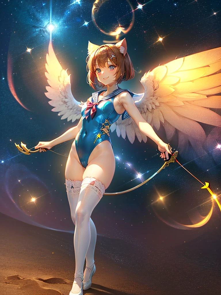 Highest quality,Highest Resolution,Masterpiece,(((A beautiful girl in a sailor leotard with a smile on her face))),High leg,Frills,White knee-high stockings,,Red tie,(((Cat ear))),(((Halation))),Brown hair short bob,(((archery))),White angel wings on the back,universe,Milky Way,Meteor,dark,Bow of Light,whole body,Bow of Light,A distant view,Side view,(((Draw the bow))),Halo,弓を引いている,