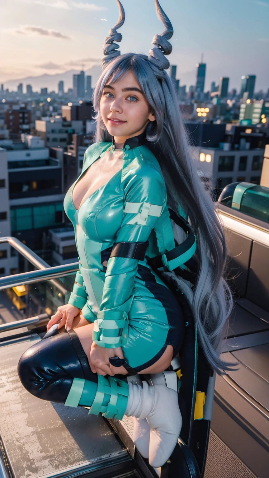 Masterpiece, Best quality, (photorealistic1.4), (UHD), (big breast), (show abs), (flashphoto), (flash photography), (cleavage), (European model), (young woman), (JenniferConnelly90), (epiCRealLife:1.0), (night time), (Nejire latex bodysuit), 1girl, solo, long hair, blue eyes, (blue hair), (hair bangs), (drill hair, twin drills), (Nejire Hairstyle), hair horns, very long hair , light blue hair, (Nejire Yellow gloves), (look at viewers), (Nejire light smile), ), (tokyo cityscape), (sitting on rooftop), (close up),( (Tokyo rooftop),