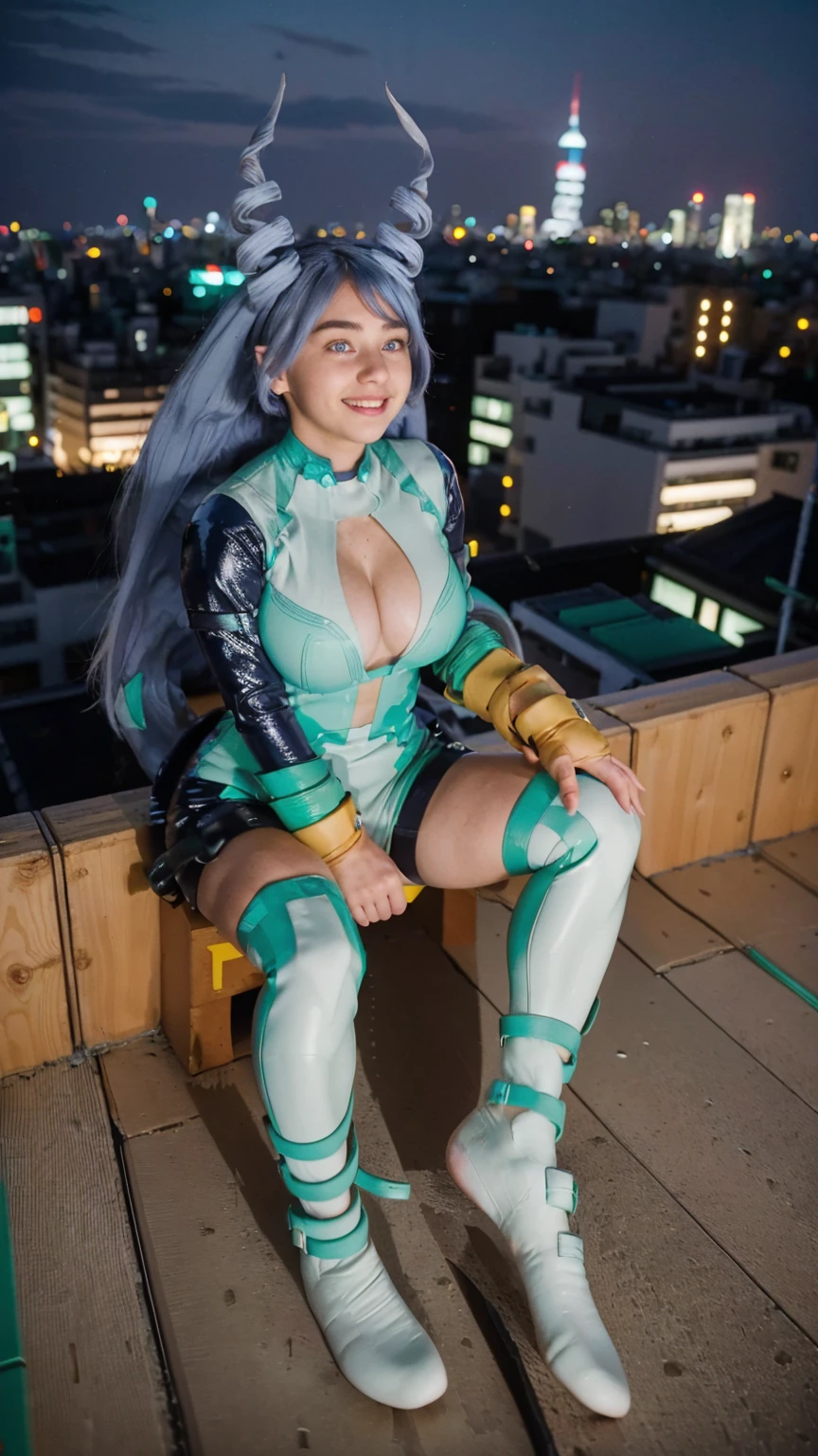 Masterpiece, Best quality, (photorealistic1.4), (UHD), (big breast), (show abs), (flashphoto), (flash photography), (cleavage), (European model), (young woman), (JenniferConnelly90), (epiCRealLife:1.0), (night time), (Nejire latex bodysuit), 1girl, solo, long hair, blue eyes, (blue hair), (hair bangs), (drill hair, twin drills), (Nejire Hairstyle), hair horns, very long hair , light blue hair, (Nejire Yellow gloves), (look at viewers), (Nejire light smile), ), (tokyo cityscape), (sitting on rooftop), (close up),( (Tokyo rooftop),