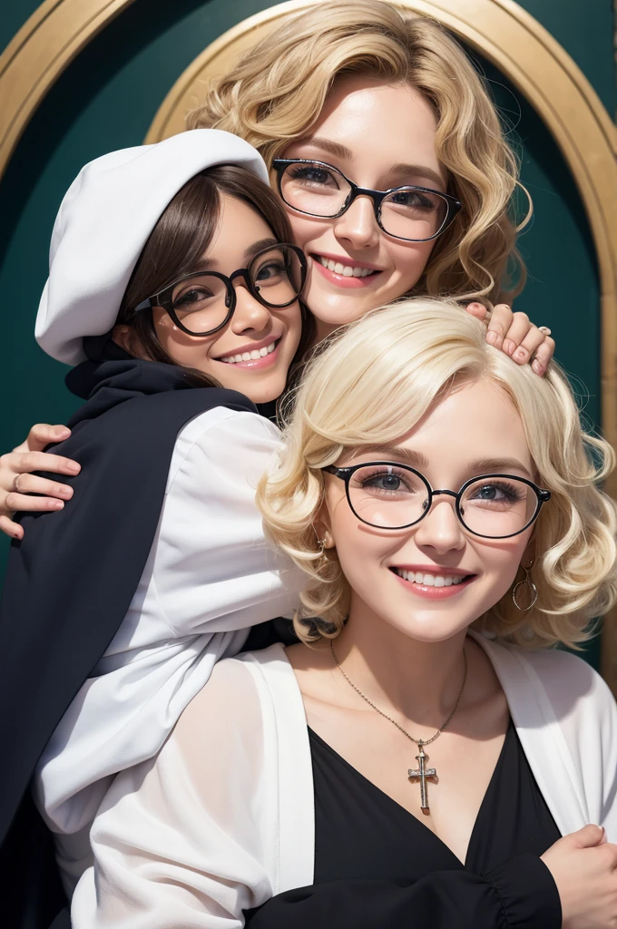 A white, with black round glasses, with short blonde curly hair, com olhos castanhos, Grinning , hugging Jesus and Our Lady of Aparecida