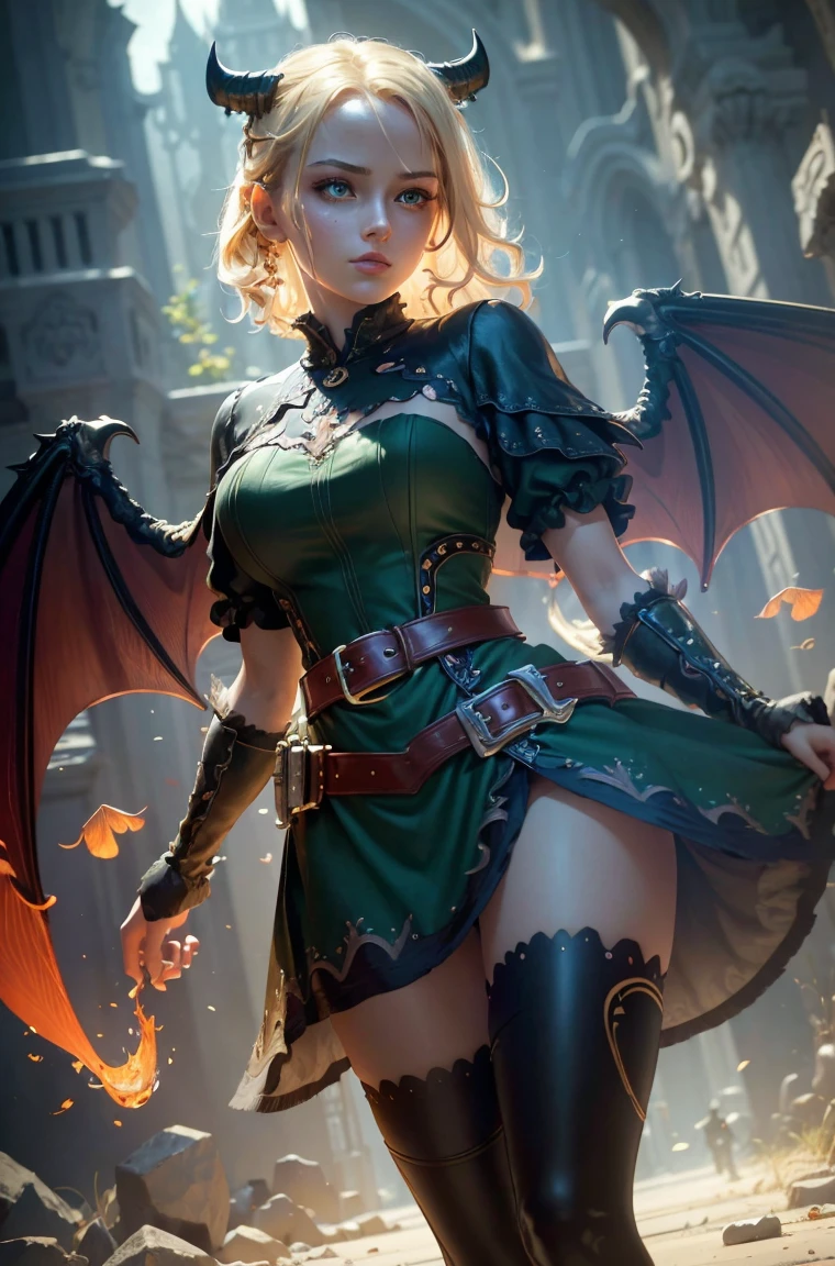 Standing wearing a full colorful dress that covers her thighs BLONDE A female blonde succubus with bat wings tipped with claws, with mesmerizing feature masterpiece, top quality, best quality, official art, beautiful and aesthetic:1.2), (1girl), extreme detailed,(fractal art:1.3), colorful, highest detailed, (masterpiece, best quality:1.3) 1 bright-amber, blue, green cat like-eyes, professional digital painting, Unreal Engine 5. wearing a dress, matching thin belt with a high waist thick heeled full covered shoes, oxfords, Seductive Hopeful expression, finely detailed eyes, happy mood, Wearing a full coverage blouse, epic scene, epic composition, Cinematic Lighting, Volumetric Lighting, ethereal light, intricate details, extremely detailed volumetric rays. oil painting, Detailed facial features, Sunlight, bright colors, dramatic lighting, expressive eyes and lips, High Resolution, 4K quality, Photorealistic