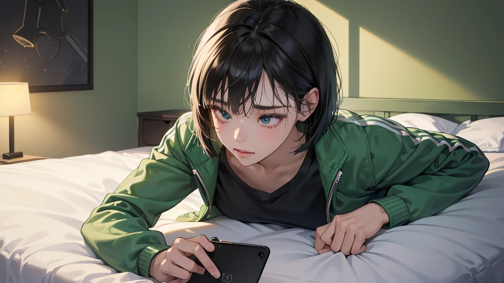 (perfect anatomy:1.2)(absurdres, highres, ultra detailed),masterpiece,best quality,high resolution,8k,Realistic face,Realistic skin texture,magnified textures, stunning clarity,detailed anime girl,(ultra detailed eyes and face),(1 girl:1.5)21years old,she is office worker,,black hair, bob cut, No-makeup look,,green school track jacket and green track pants,white t-thirt,(The chest is visible)(Lying on her bed on her face down,look down smartphone,sleepy eyes,small nose,roundface,Women's Apartments in suburb,(faint light),(darkness),(midnight),,(sleepy),(happy)cowboy shot,Foliage plant,lamp