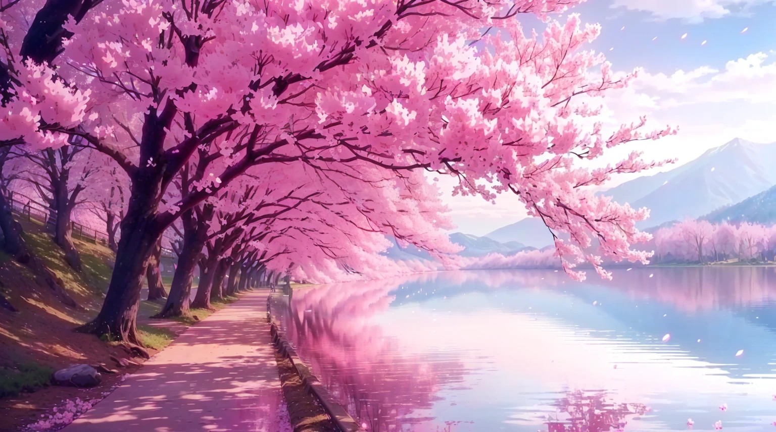 there is a pink tree that is next to a lake, anime beautiful peace scene, cherry blossom trees, cherry blossom forest, pink tree beside a large lake, pink reflections, beautiful anime scene, beautiful anime scenery, sakura trees, anime nature wallpap, lush sakura trees, pink trees, cherry blossom, very beautiful digital art, pink landscape, cherry blossoms