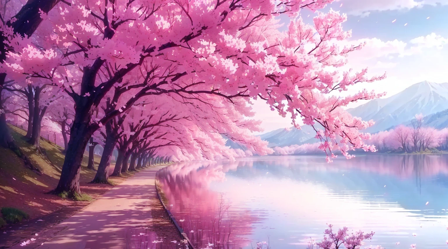 there is a pink tree that is next to a lake, anime beautiful peace scene, cherry blossom trees, cherry blossom forest, pink tree beside a large lake, pink reflections, beautiful anime scene, beautiful anime scenery, sakura trees, anime nature wallpap, lush sakura trees, pink trees, cherry blossom, very beautiful digital art, pink landscape, cherry blossoms