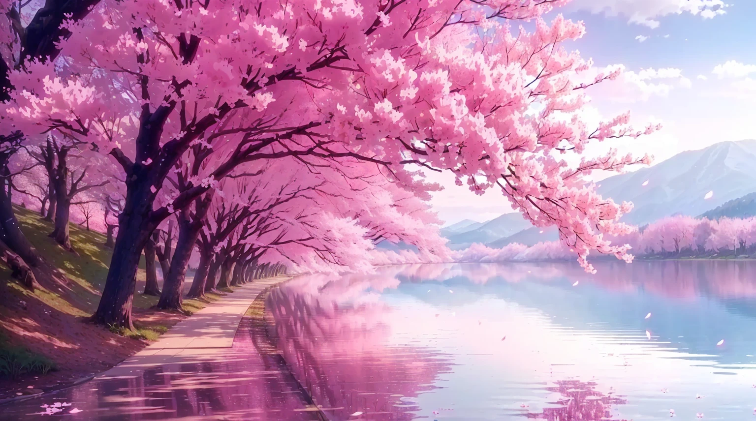 there is a pink tree that is next to a lake, anime beautiful peace scene, cherry blossom trees, cherry blossom forest, pink tree beside a large lake, pink reflections, beautiful anime scene, beautiful anime scenery, sakura trees, anime nature wallpap, lush sakura trees, pink trees, cherry blossom, very beautiful digital art, pink landscape, cherry blossoms