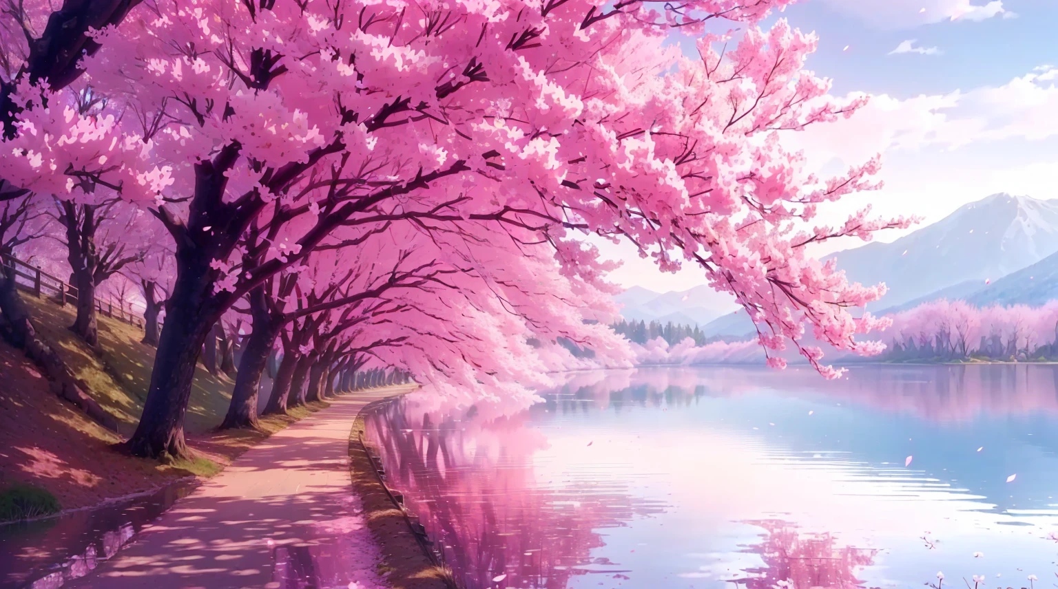 there is a pink tree that is next to a lake, anime beautiful peace scene, cherry blossom trees, cherry blossom forest, pink tree beside a large lake, pink reflections, beautiful anime scene, beautiful anime scenery, sakura trees, anime nature wallpap, lush sakura trees, pink trees, cherry blossom, very beautiful digital art, pink landscape, cherry blossoms