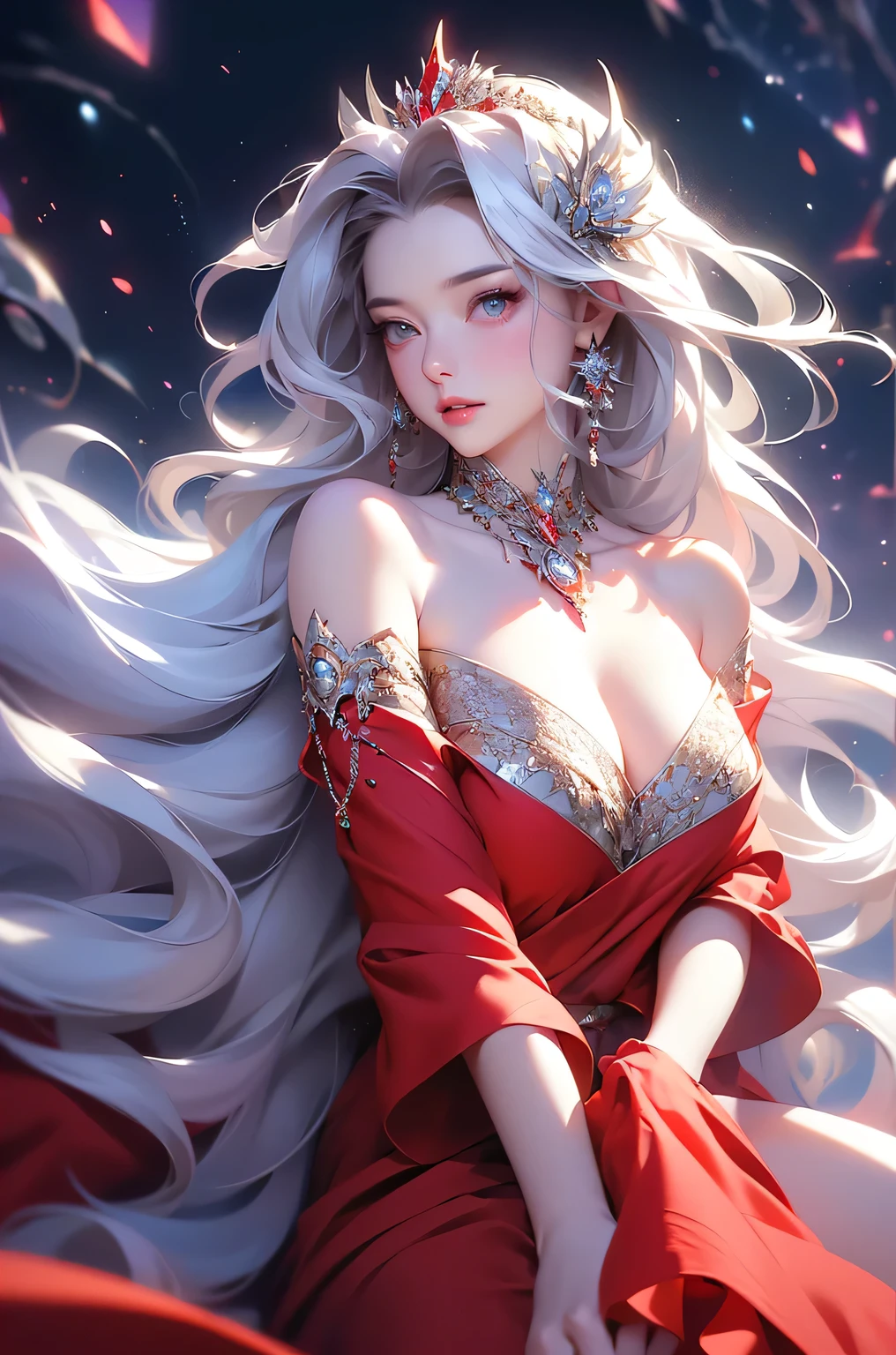 (masterpiece:1.5, Highest quality, Very detailed、 Dutch Angle、Semi-realistic、Fantasy)(One Girl, alone)(White and beautiful hair:1.4,,Straight Long Hair)(White based dress、Fantasy Costume)、((Off the shoulder、Mid-chest、ruby ​​necklace))(Beautiful cleavage、Legs wrapped in tights)(Beautiful starry sky、Mystical Night、Particles of light float around the woman、Fantasy space) Waiting to start
