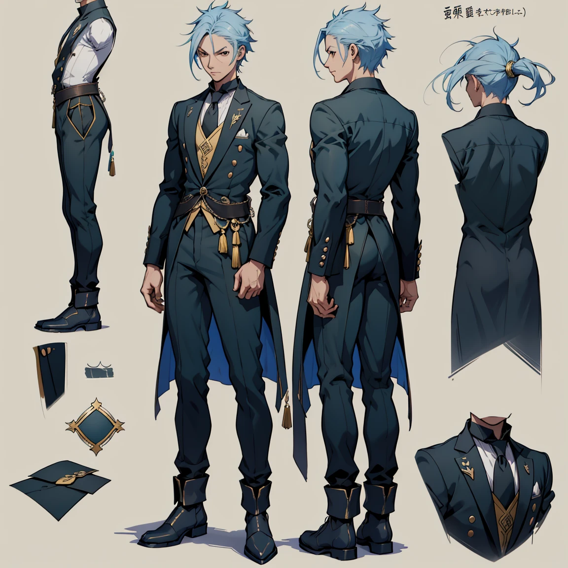 Close-up of a man in a grey suit, ((キャラクターConcept Art)), ((Character design sheet, same characters, front, ~ side, return)) maple story character art, Video Game Character Design, Video Game Character Design, Gray suit, blue hair, 専門家による高精細Concept Art, Interesting character design, Lucio as a man, Gravity Rush inspiration, sticky tar. Concept Art,