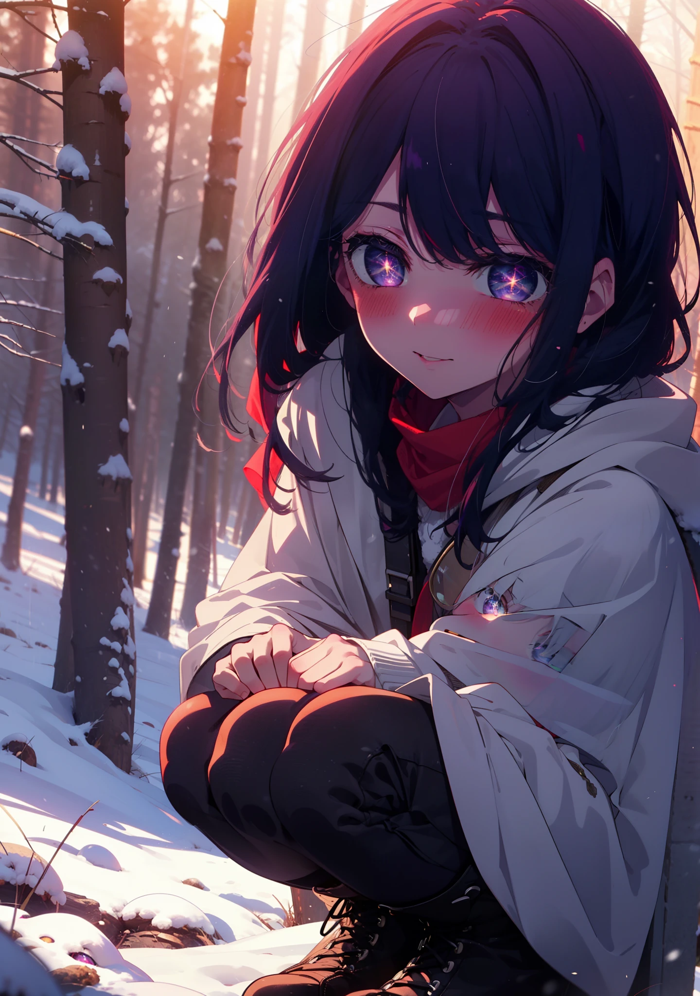 aihoshino, Ai Hoshino, Long Hair, bangs, (Purple eyes:1.1), Purple Hair, (Symbol-shaped pupil:1.5), smile,,smile,blush,white breath,
Open your mouth,snow,Ground bonfire, Outdoor, boots, snowing, From the side, wood, suitcase, Cape, Blurred, , forest, White handbag, nature,  Squat, Mouth closed, Cape, winter, Written boundary depth, Black shoes, red Cape break looking at viewer, Upper Body, whole body, break Outdoor, forest, nature, break (masterpiece:1.2), Highest quality, High resolution, unity 8k wallpaper, (shape:0.8), (Beautiful and beautiful eyes:1.6), Highly detailed face, Perfect lighting, Extremely detailed CG, (Perfect hands, Perfect Anatomy),