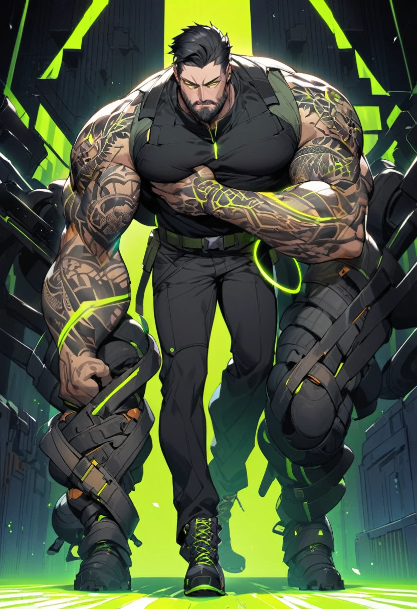 (a tall man with a stocky but not exaggerated build, with long black hair almost reaching his waist, neon green eyes that seem to shine and tattoos on his arms, wearing military boots and pants and a black shirt clinging to his body.)
It's a pleasure my name is Kai but you can call me Delta with pleasure