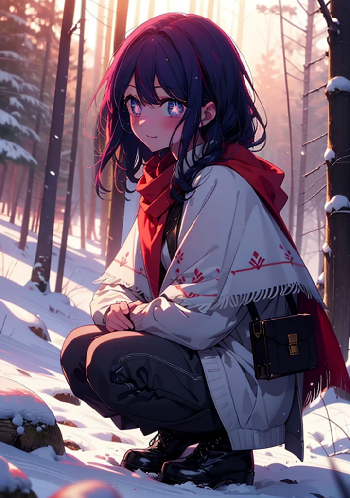 aihoshino, Ai Hoshino, Long Hair, bangs, (Purple eyes:1.1), Purple Hair, (Symbol-shaped pupil:1.5), smile,,smile,blush,white breath,
Open your mouth,snow,Ground bonfire, Outdoor, boots, snowing, From the side, wood, suitcase, Cape, Blurred, , forest, White handbag, nature,  Squat, Mouth closed, Cape, winter, Written boundary depth, Black shoes, red Cape break looking at viewer, Upper Body, whole body, break Outdoor, forest, nature, break (masterpiece:1.2), Highest quality, High resolution, unity 8k wallpaper, (shape:0.8), (Beautiful and beautiful eyes:1.6), Highly detailed face, Perfect lighting, Extremely detailed CG, (Perfect hands, Perfect Anatomy),