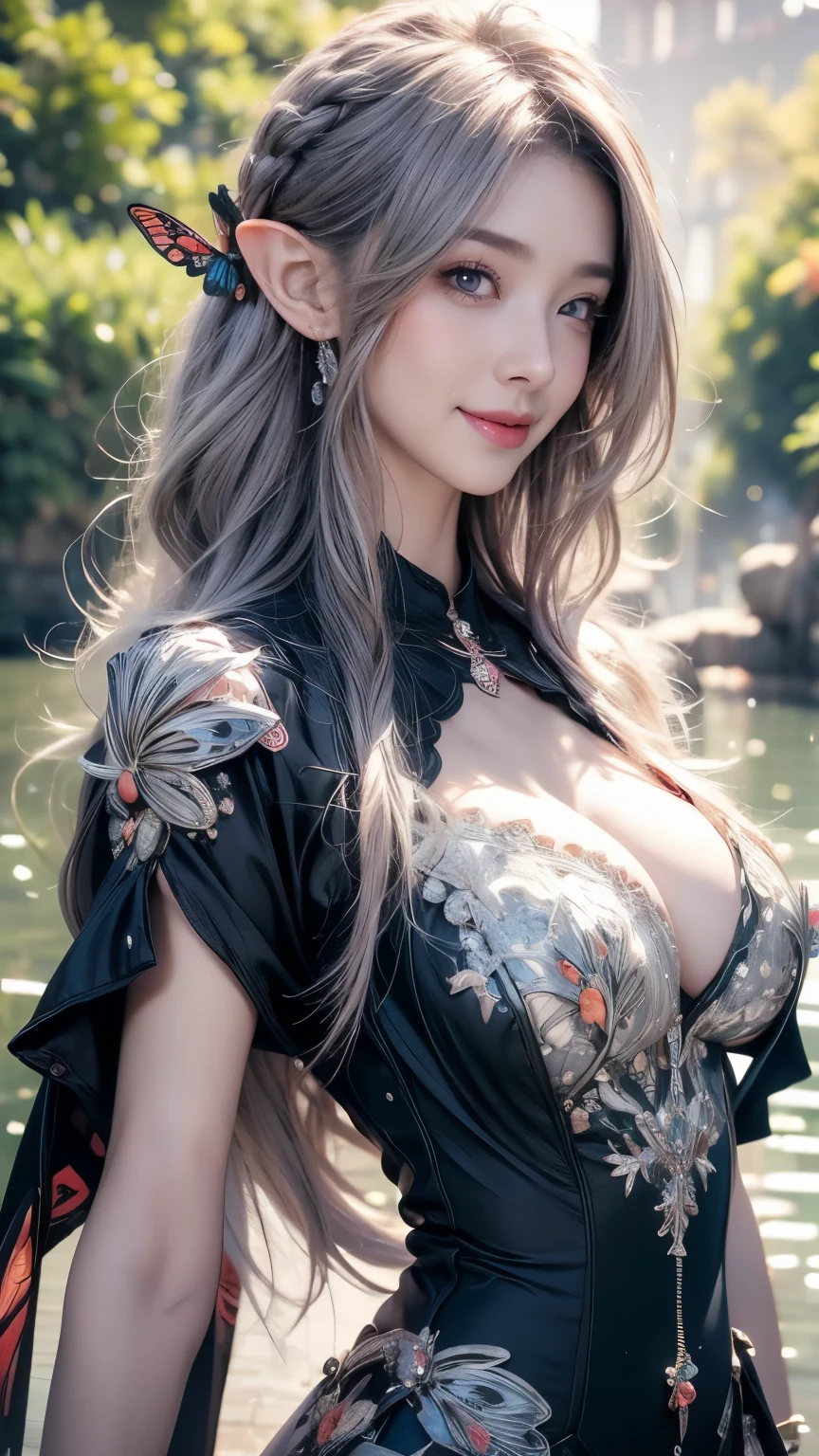look at butterflies, butterflies, black and white maid dress, graceful, park, green park, flwers, pond, smile, standing, adult, 1 girl, elf, toned skin, anime, look at viewer, (light purple hair), straight hair, show body to viewer, best quality, highres, 8k, masterpiece, anatomically correct, super detail, textured skin, diamond face shape, so huge breast, fit body, beautiful, fantasy, anime style, anime painting, happy, joyful