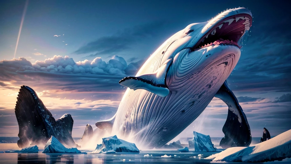 a giant flying whale, whale opening its mouth wide, over the ice floe, clear sky, ethereal, cinematic lighting, dramatic colors, hyperrealistic, 8k, extremely detailed, photorealistic, glowing ethereal whale, dramatic ice floes, cinematic composition, vibrant colors, stunning lighting, masterpiece, (best quality,4k,8k,highres,masterpiece:1.2),ultra-detailed,(realistic,photorealistic,photo-realistic:1.37)