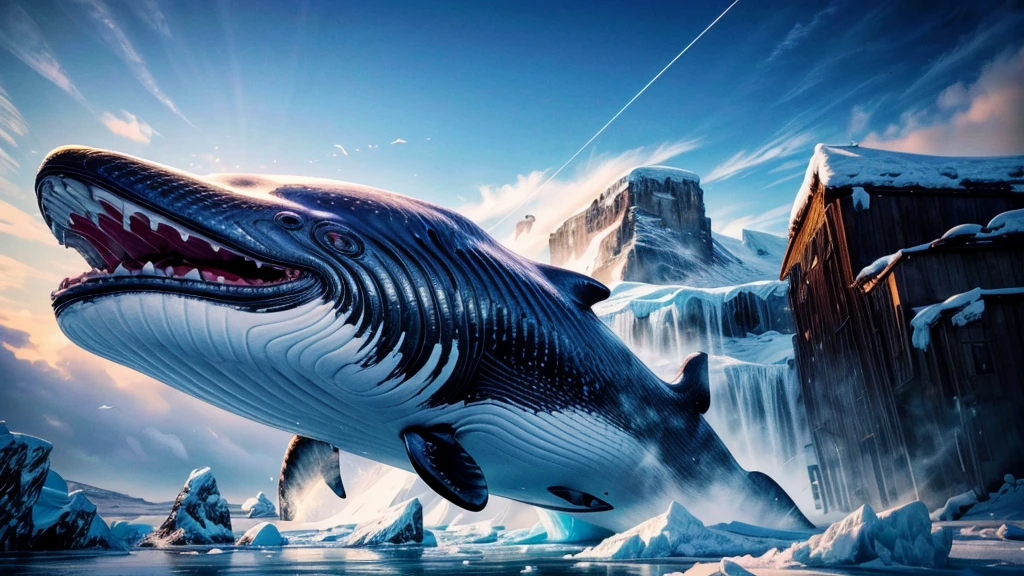 a giant flying whale, whale opening its mouth wide, over the ice floe, clear sky, ethereal, cinematic lighting, dramatic colors, hyperrealistic, 8k, extremely detailed, photorealistic, glowing ethereal whale, dramatic ice floes, cinematic composition, vibrant colors, stunning lighting, masterpiece, (best quality,4k,8k,highres,masterpiece:1.2),ultra-detailed,(realistic,photorealistic,photo-realistic:1.37)