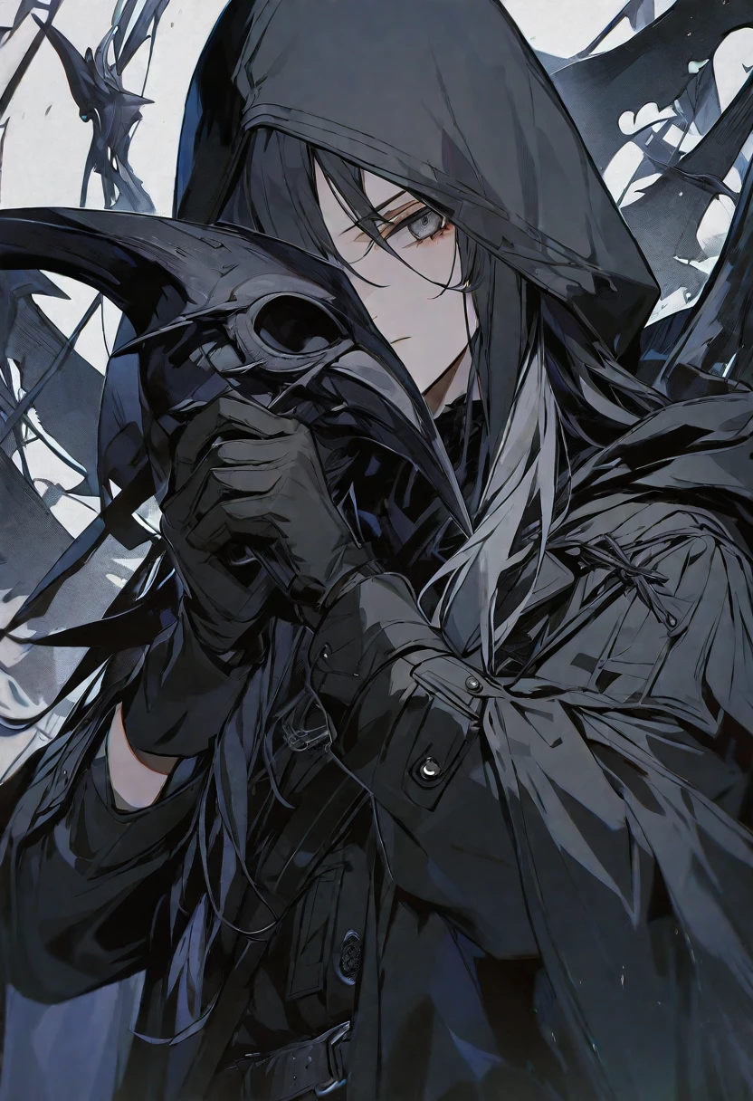 solo, handsome, 1 woman, long hair, black color hair, Gray eyes, black coat, black gloves, Holding the  black plague Crow mask in hand, Black hood, neutral expression