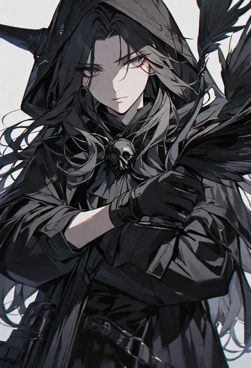 solo, handsome, 1 woman, long hair, black color hair, Gray eyes, black coat, black gloves, Holding the black plague Crow mask in hand, Black hood, neutral expression