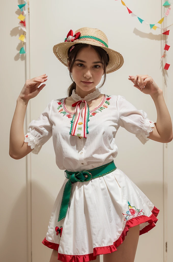 hello kitty: Keep it with its typical characteristics: white face, no mouth, with its characteristic bow in one ear.

Contradance Costume:

blouse: A white blouse with embroidered details in bright colors like red, green and blue. May have long puffed sleeves and lace cuffs.
Skirt: A wide and colorful skirt, decorated with embroidery and ribbons. Colors can be a combination of red, White and green.
accessories: A wide, colorful belt around the waist, and a typical contradanza hat, which is usually made of straw and decorated with ribbons.
pose: hello kitty podría estar en una pose de baile, with one hand raised holding the hat and the other on the waist, showing the joy and dynamism of dance.