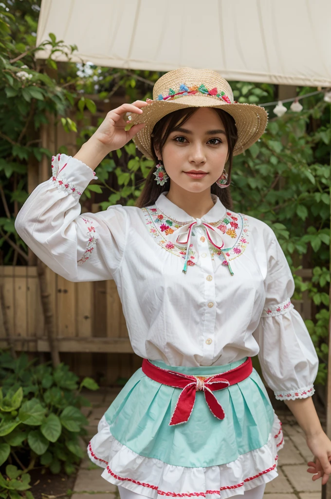 hello kitty: Keep it with its typical characteristics: white face, no mouth, with its characteristic bow in one ear.

Contradance Costume:

blouse: A white blouse with embroidered details in bright colors like red, green and blue. May have long puffed sleeves and lace cuffs.
Skirt: A wide and colorful skirt, decorated with embroidery and ribbons. Colors can be a combination of red, White and green.
accessories: A wide, colorful belt around the waist, and a typical contradanza hat, which is usually made of straw and decorated with ribbons.
pose: hello kitty podría estar en una pose de baile, with one hand raised holding the hat and the other on the waist, showing the joy and dynamism of dance.