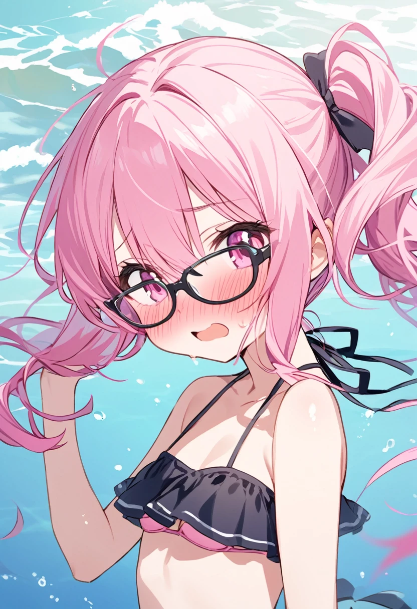 pink hair black glasses pink eyes extremely blushing she has very small breasts she wears a bikini she is a reserved girl who is in the sea