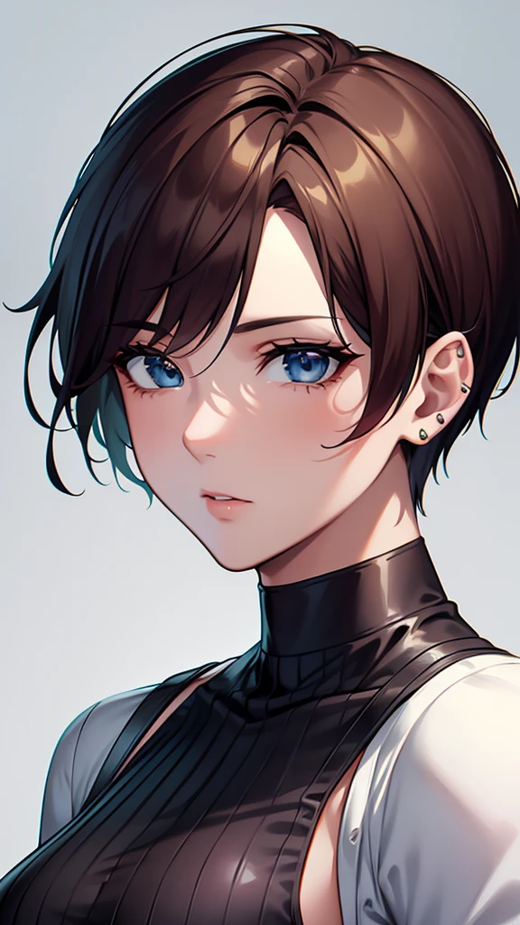 {8k image}, 1beautiful woman (tomboy), chubby, 30 years old, short blonde and black hair (Stunning Copper Pixie Cut), blue eyes, masculine features on the face, medium breasts, ear piercings, choker on the neck, wearing a white shirt with dark green jacket, looking at the viewer with a neutral expression, focus only on the face, {face portrait}, no background, manga art style, lineart, lineart with fine lines