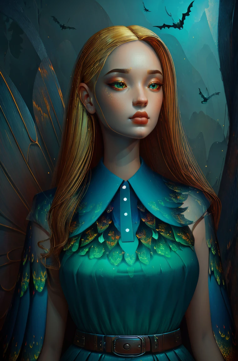 Standing wearing a full colorful dress that covers her thighs BLONDE A female blonde succubus with bat wings tipped with claws, with mesmerizing feature masterpiece, top quality, best quality, official art, beautiful and aesthetic:1.2), (1girl), extreme detailed,(fractal art:1.3), colorful, highest detailed, (masterpiece, best quality:1.3) 1 bright-amber, blue, green cat like-eyes, professional digital painting, Unreal Engine 5. wearing a dress, matching thin belt with a high waist thick heeled full covered shoes, oxfords, Seductive Hopeful expression, finely detailed eyes, happy mood, Wearing a full coverage blouse, epic scene, epic composition, Cinematic Lighting, Volumetric Lighting, ethereal light, intricate details, extremely detailed volumetric rays. oil painting, Detailed facial features, Sunlight, bright colors, dramatic lighting, expressive eyes and lips, High Resolution, 4K quality, Photorealistic