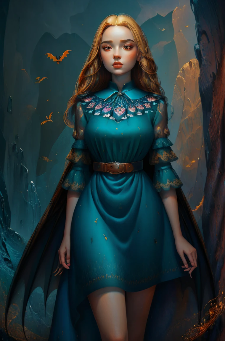 Standing wearing a full colorful dress that covers her thighs BLONDE A female blonde succubus with bat wings tipped with claws, with mesmerizing feature masterpiece, top quality, best quality, official art, beautiful and aesthetic:1.2), (1girl), extreme detailed,(fractal art:1.3), colorful, highest detailed, (masterpiece, best quality:1.3) 1 bright-amber, blue, green cat like-eyes, professional digital painting, Unreal Engine 5. wearing a dress, matching thin belt with a high waist thick heeled full covered shoes, oxfords, Seductive Hopeful expression, finely detailed eyes, happy mood, Wearing a full coverage blouse, epic scene, epic composition, Cinematic Lighting, Volumetric Lighting, ethereal light, intricate details, extremely detailed volumetric rays. oil painting, Detailed facial features, Sunlight, bright colors, dramatic lighting, expressive eyes and lips, High Resolution, 4K quality, Photorealistic