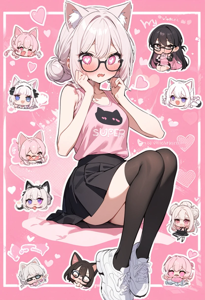 I have white pink hair, cat ears, a bun, my face is super blushing, black glasses, pink heart eyes, a large pink tank top, a black skirt, black stockings, white shoes, a cat's tail. a very shy girl who is taking off her stockings