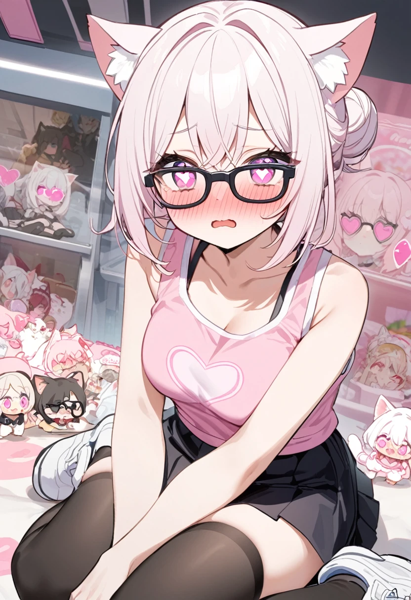I have white pink hair, cat ears, a bun, my face is super blushing, black glasses, pink heart eyes, a large pink tank top, a black skirt, black stockings, white shoes, a cat's tail. a very shy girl who is taking off her stockings