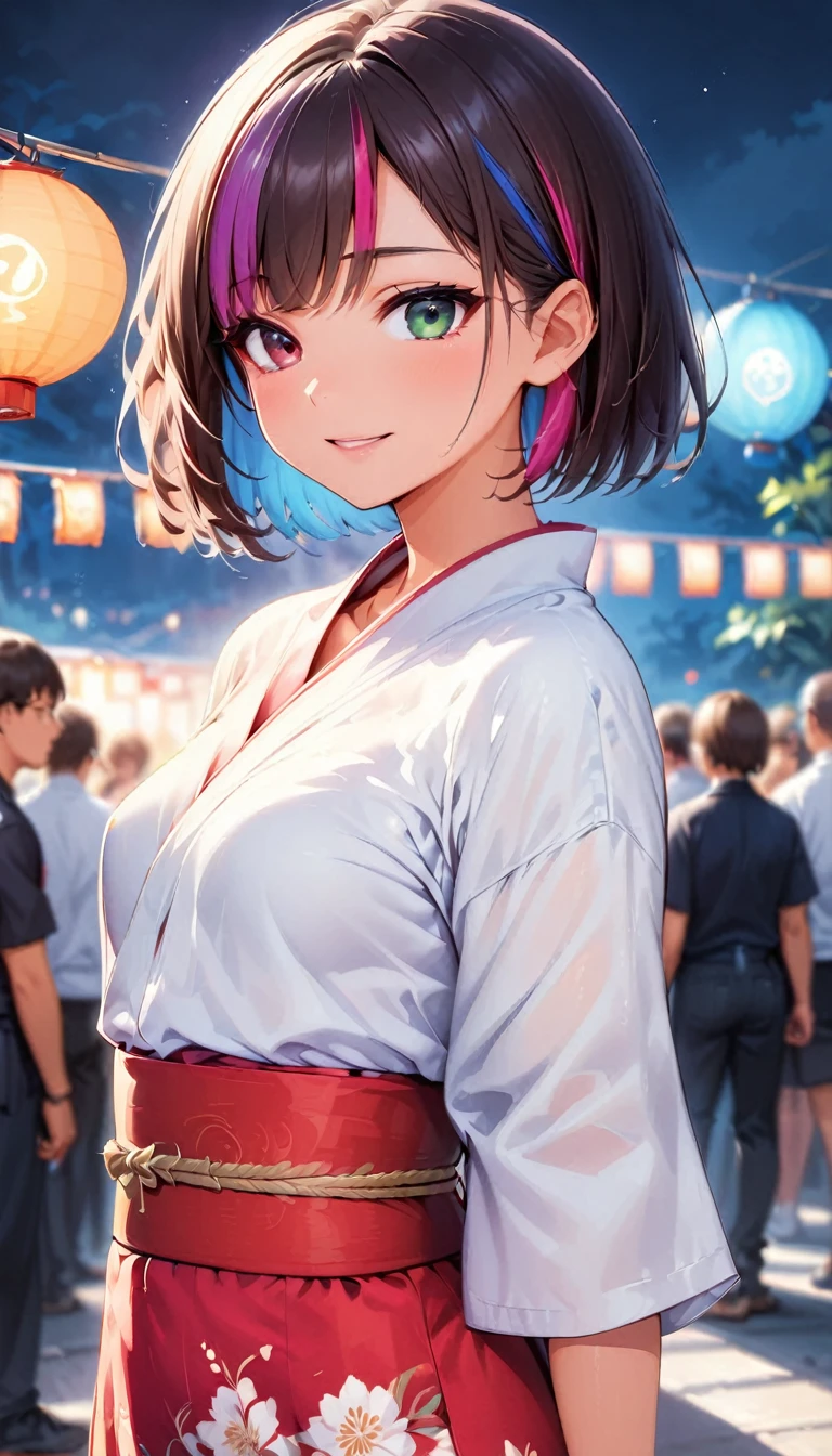 (highest quality:1.2, Very detailed, up to date, Vibrant, Ultra-high resolution, High Contrast, masterpiece:1.2, highest quality, Best aesthetics), Portraiture、girl、solo, (25-years-old:1), slim, , heterrochromia, green eye, red eye, (traditional yukata), summer festival, bon dance, Bright colors、Beautiful fine details、Beautiful lip detail、extra short hair, ((bob cut:1.5))、pink and purple, ((streaked hair:1.9)), (highlights hair: 1.6), (small breast:1.3), (tan skin:0.7), cowboy shot:1