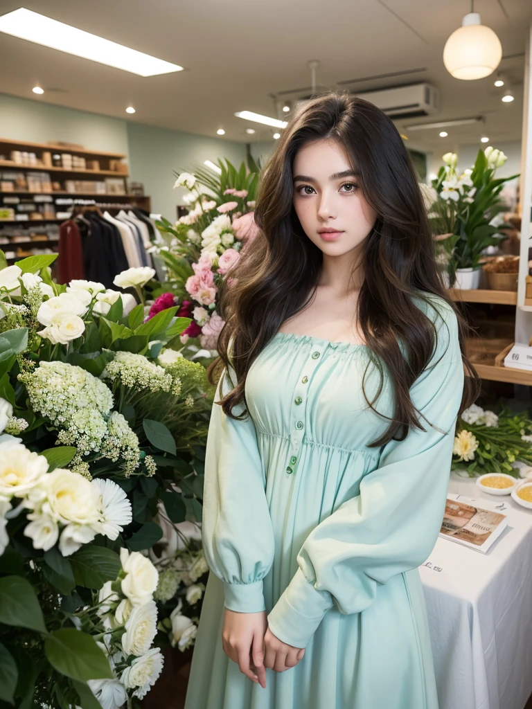 A age girl,  with very wavy hair, dark brown curls, light blue eyes with central green heterochromia and both, smooth-looking white skin and thick eyebrows, big lips and medium body, girl wearing a green modest dress in a store taking a photo, with flowers.