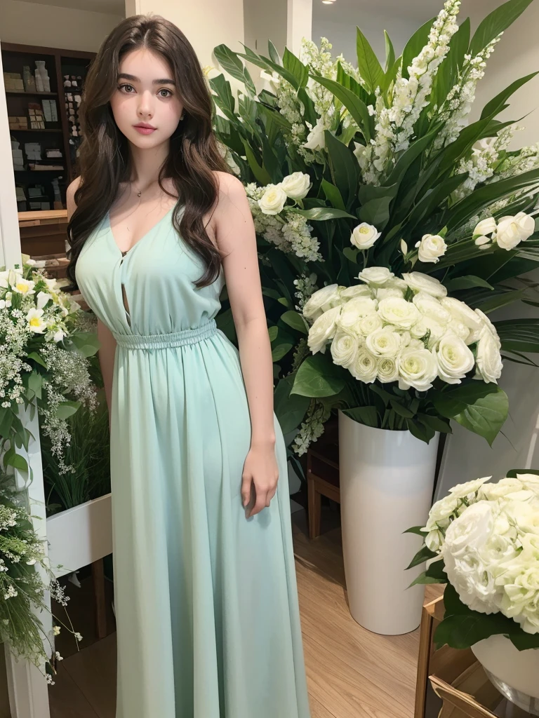 A teenage girl, with very wavy hair, dark brown curls, light blue eyes with central green heterochromia and both, smooth-looking white skin and thick eyebrows, big lips and medium body, girl wearing a green modest dress in a store taking a photo, with flowers.