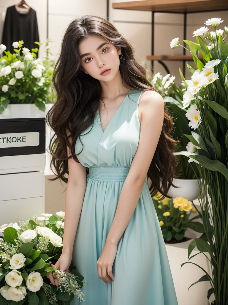 A teenage girl, with very wavy hair, dark brown curls, light blue eyes with central green heterochromia and both, smooth-looking white skin and thick eyebrows, big lips and medium body, girl wearing a green modest dress in a store taking a photo, with flowers.