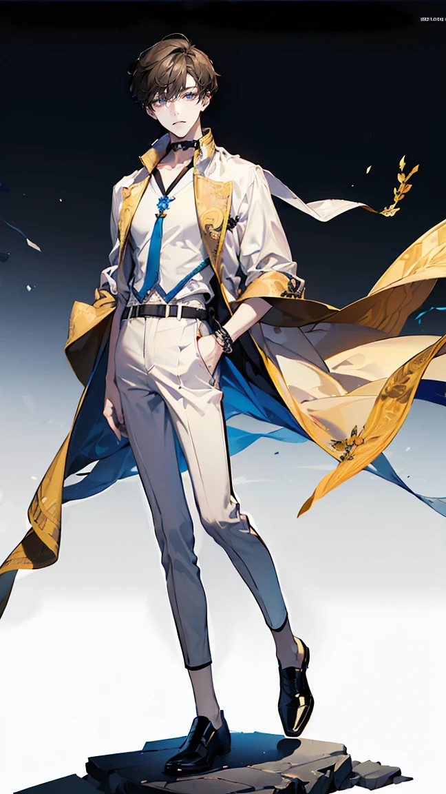 ((full body: 2)), ((UHD, masterpiece, super detail, best quality, highres, 8k)), (detailed line art), perfect face, perfect body, perfect hands, perfect feet.
(Humans, around 20 years old, (2 males: 2.0), male idols, (simple background, magazine cover style: 1.5).)
(Features of the first person : gentle atmosphere, standing on the right side, looking this way (light brown hair close to gold, upturned eyebrows, droopy eyes, light blue eyes, thin lips), (male idol style clothing, white top, shirt with exposed collarbone, fluffy shirt, ribbon decoration, white pants, high-waisted pants, white belt, white shoes), (ribbon choker, white choker), (angelic atmosphere: 0.5), (facing forward).)
(Features of the second person : cool atmosphere, standing on the left side, looking this way (black hair upturned eyebrows, upturned eyes, light blue eyes, thin lips), (male idol style clothing, black top, high-neck shirt, short jacket, neat jacket, belt decoration, black pants, black belt, black shoes, black earrings), (devilish atmosphere: 0.5), (facing forward).)