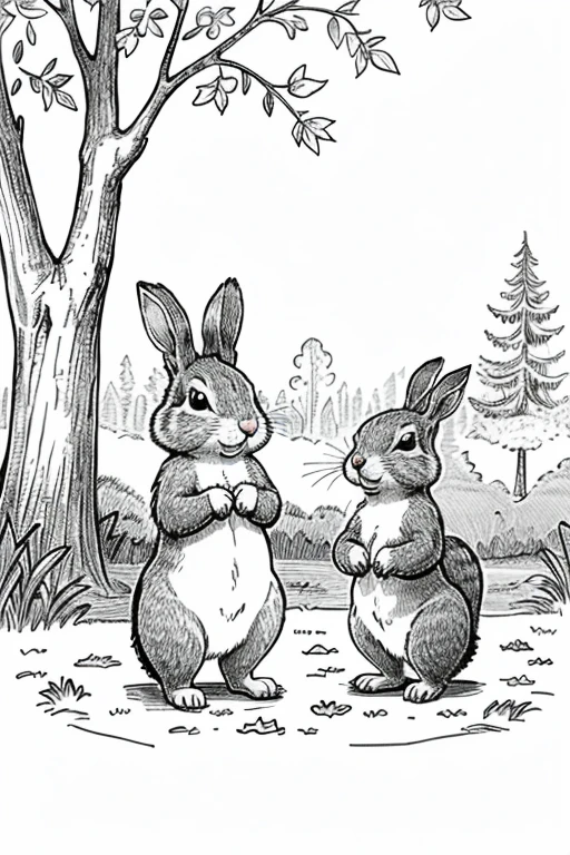 a colorless drawing of : a happy and mischievous rabbit, and a brave and kind squirrel. Together they visited every corner of the forest, sharing laughter and adventures.