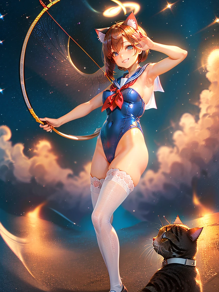 Highest quality,Highest Resolution,Masterpiece,(((A beautiful girl in a sailor leotard with a smile on her face))),High leg,Frills,White knee-high stockings,,Red tie,(((Cat ear))),(((Halation))),Brown hair short bob,(((archery))),White angel wings on the back,universe,Milky Way,Meteor,dark,Bow of Light,whole body,Bow of Light,A distant view,Side view,(((Draw the bow))),Halo,弓を引いている,