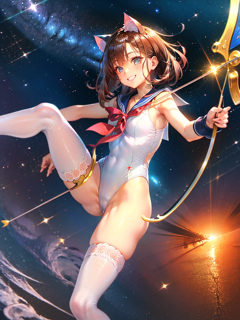 Highest quality,Highest Resolution,Masterpiece,(((A beautiful girl in a sailor leotard with a smile on her face))),High leg,Frills,White knee-high stockings,,Red tie,(((Cat ear))),(((Halation))),Brown hair short bob,(((archery))),White angel wings on the back,universe,Milky Way,Meteor,dark,Bow of Light,whole body,Bow of Light,A distant view,Side view,(((Draw the bow))),Halo,弓を引いている,