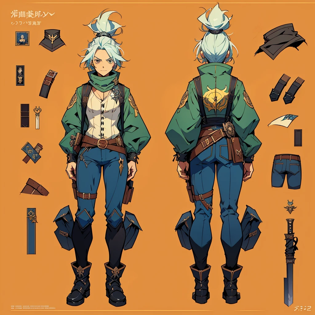 Close-up of a man dressed as a sword, ((character concept art)), ((Character design sheet, same characters, front, ~ side, return)) 、Black Butler, Video Game Character Design, Video Game Character Design, Man in grey suit, , Blue Hair、Deacon style、Blue Hair