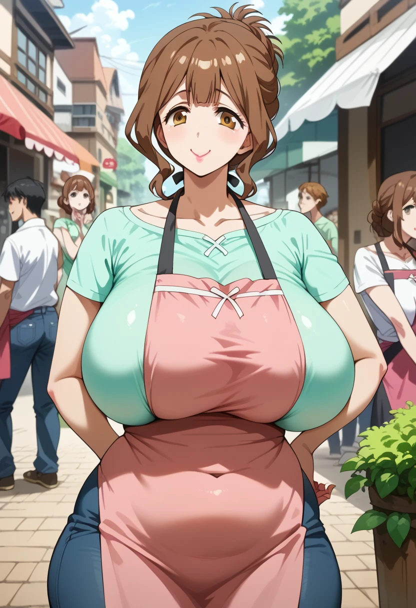 kazami torino,(gigantic breasts,wide hip,thick thighs,plump:1),mature female,brown hair,updo,lipstick,tareme,light green shirt,pink apron,brue jeans