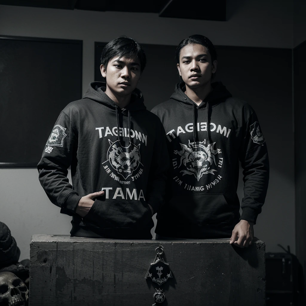 Create an image of round logo, a Filipino young man, the name “TEAM KATAGUMPAY” logo written on large embossed, wearing hoodie, two dragons side by side, wolf, eagle, skulls, chains, Philippine flag, thunder and lightning, red and grayscale, smoke effect, dark fantasy, auras, masterpiece, 3d render, photo realistic