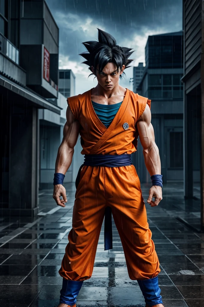 Generate a picture in which goku standing angrily in rain